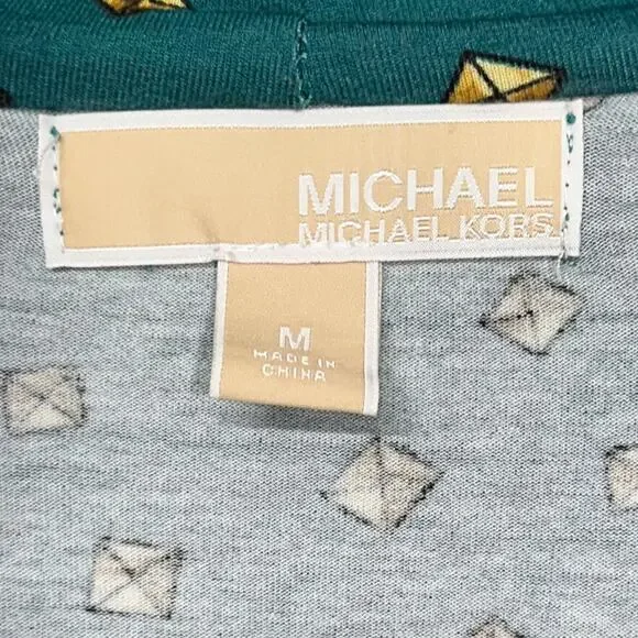 Michael Kors Green Drape Neck Top Medium Gold Print Long Sleeve Blouse - Picture 8 of 11